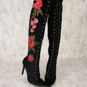 Black lace up velvet thigh high boots